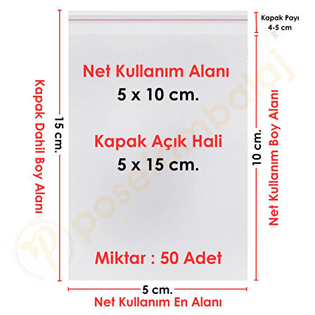 5x10+5 cm.(5x15) 50 Adet Şeffaf Bantlı Yapışkanlı OPP Poşet