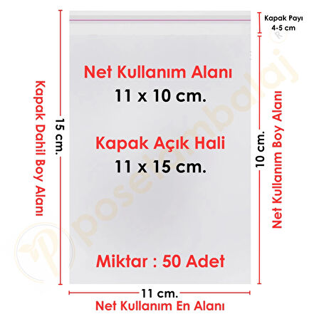 11x10+5 cm.(11x15) 50 Adet Şeffaf Bantlı Yapışkanlı OPP Poşet