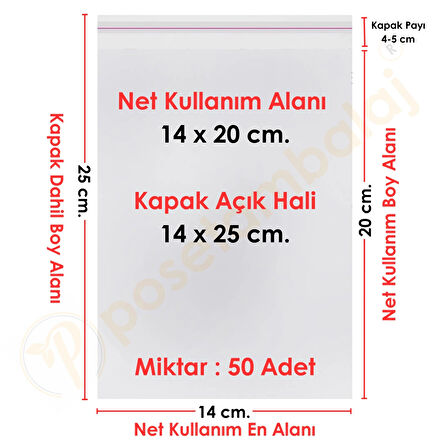 14x20+5 cm.(14x25) 50 Adet Şeffaf Bantlı Yapışkanlı OPP Poşet
