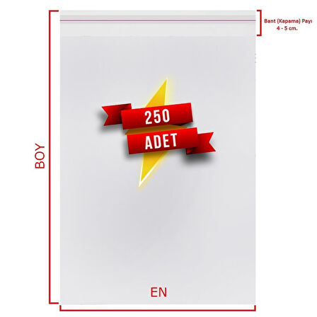 4x15+5 cm.(4x20) 250 Adet Şeffaf Bantlı Yapışkanlı OPP Poşet