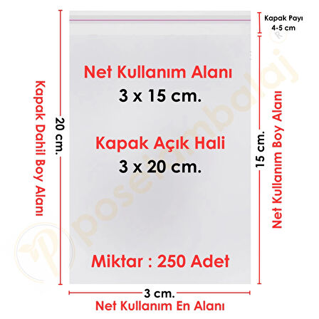 3x15+5 cm.(3x20) 250 Adet Şeffaf Bantlı Yapışkanlı OPP Poşet