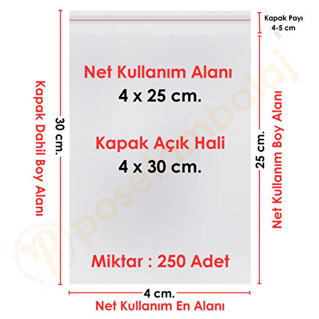 4x25+5 cm.(4x30) 250 Adet Şeffaf Bantlı Yapışkanlı OPP Poşet