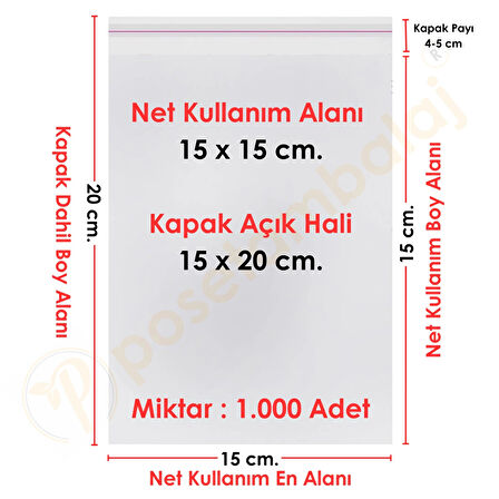 15x15+5 cm.(15x20) 1.000 Adet Şeffaf Bantlı Yapışkanlı OPP Poşet