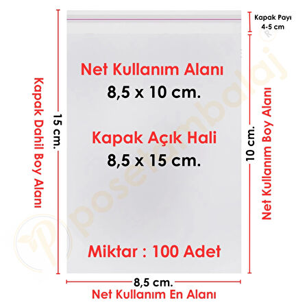 8,5x10+5 cm.(8,5x15) 100 Adet Şeffaf Bantlı Yapışkanlı OPP Poşet