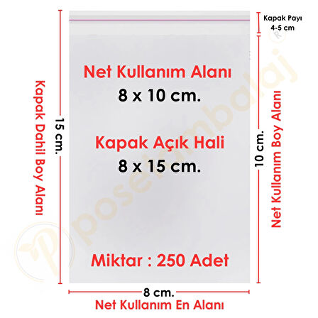 8x10+5 cm.(8x15) 250 Adet Şeffaf Bantlı Yapışkanlı Jelatin Poşet