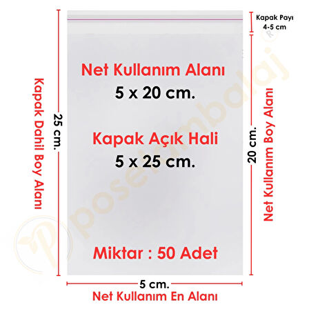 5x20+5 cm.(5x25) 50 Adet Şeffaf Bantlı Yapışkanlı Jelatin Poşet