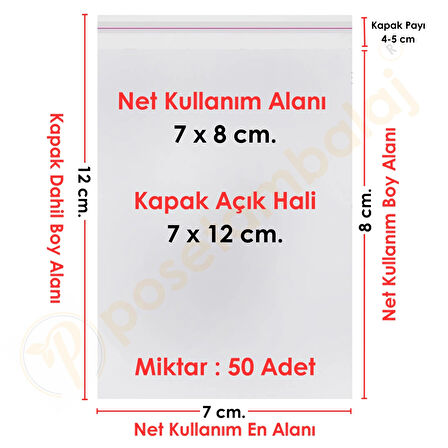 7x7+5 cm.(7x12) 50 Adet Şeffaf Bantlı Yapışkanlı OPP Poşet