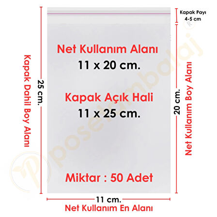11x20+5 cm.(11x25) 50 Adet Şeffaf Bantlı Yapışkanlı OPP Poşet