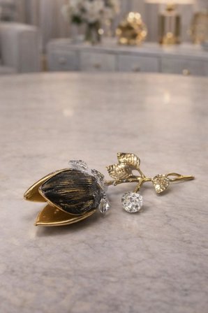 El Yapımı Kristal Tomurcuk Gül Altın Varak Detaylı