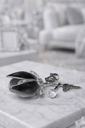 El Yapımı Kristal Tomurcuk Gül Gümüş Varak Detaylı