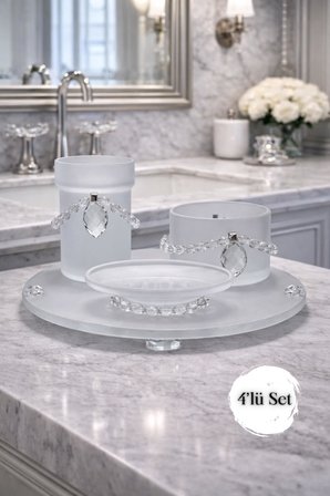 Modern Kristal Detaylı 4’lü Tepsili Banyo Aksesuar Seti