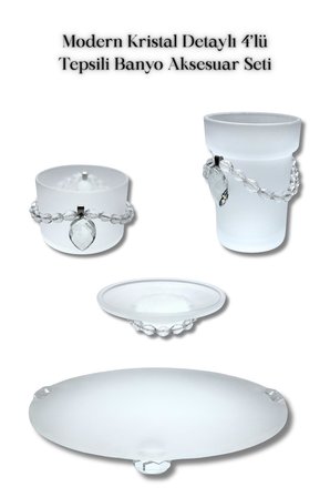 Modern Kristal Detaylı 4’lü Tepsili Banyo Aksesuar Seti