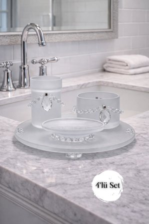 Modern Kristal Detaylı 4’lü Tepsili Banyo Aksesuar Seti