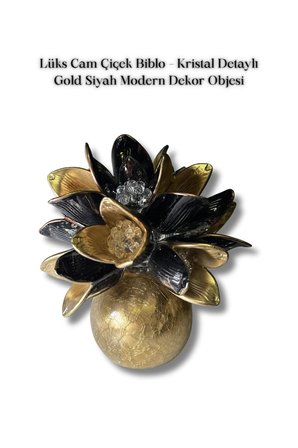 Lüks Cam Çiçek Biblo Kristal Detaylı Gold Siyah
