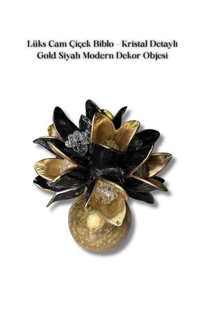 Lüks Cam Çiçek Biblo Kristal Detaylı Gold Siyah