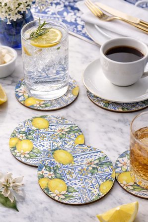 Sicilya Serisi Limon Desenli Bardak Altlığı 6’lı Set UV Baskı MDF