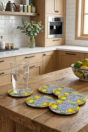 Sicilya Serisi Limon Desenli Bardak Altlığı 6’lı Set UV Baskı MDF