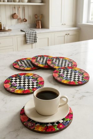 Vintage Floral Damalı Bardak Altlığı 6’lı Set UV Baskı MDF