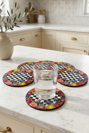 Vintage Floral Damalı Bardak Altlığı 6’lı Set UV Baskı MDF