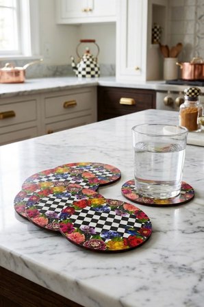 Vintage Floral Damalı Bardak Altlığı 6’lı Set UV Baskı MDF