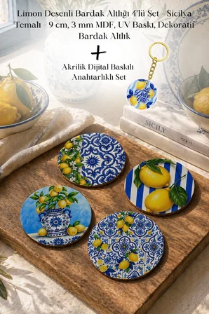 Limon Desenli Bardak Altlığı 4’lü Set Sicilya 9 cm MDF