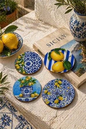 Limon Desenli Bardak Altlığı 4’lü Set Sicilya 9 cm MDF