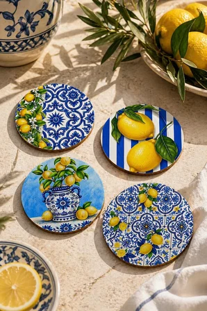 Limon Desenli Bardak Altlığı 4’lü Set Sicilya 9 cm MDF
