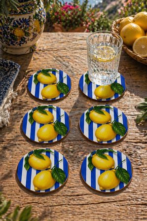 Çizgili Limon Desenli Bardak Altlığı 6lı Set 9 cm MDF