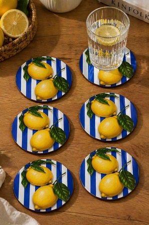 Çizgili Limon Desenli Bardak Altlığı 6lı Set 9 cm MDF