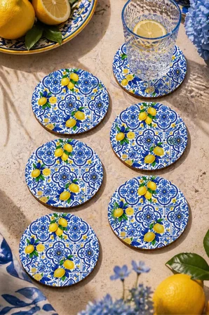 Motifli ve Limon Desenli Bardak Altlığı 6’lı Set 9 cm MDF