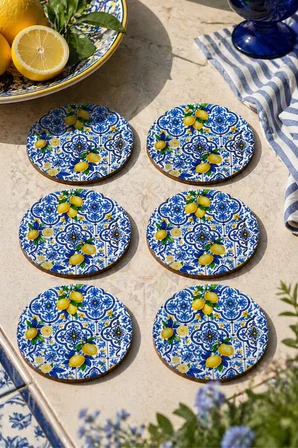 Motifli ve Limon Desenli Bardak Altlığı 6’lı Set 9 cm MDF