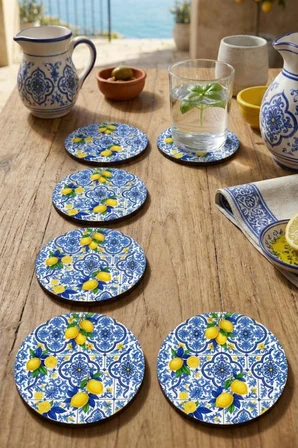 Motifli ve Limon Desenli Bardak Altlığı 6’lı Set 9 cm MDF