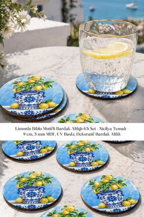 Limonlu Biblo Motifli Bardak Altlığı 6’lı Set Sicilya 9 cm MDF