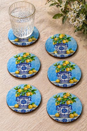 Limonlu Biblo Motifli Bardak Altlığı 6’lı Set Sicilya 9 cm MDF