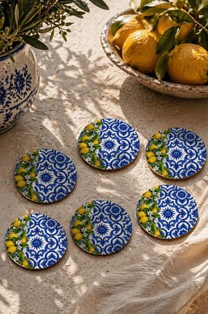 Motifli Limonlu Bardak Altlığı 6’lı Set Sicilya Temalı 9 cm MDF