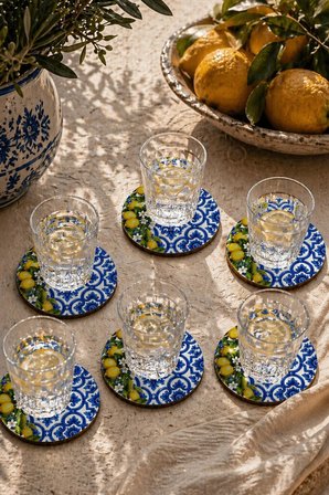 Motifli Limonlu Bardak Altlığı 6’lı Set Sicilya Temalı 9 cm MDF