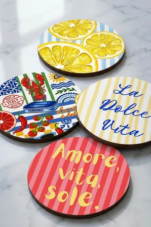 La Dolce Vita Bardak Altlığı 4lü Set Sicilya Temalı 9 cm MDF