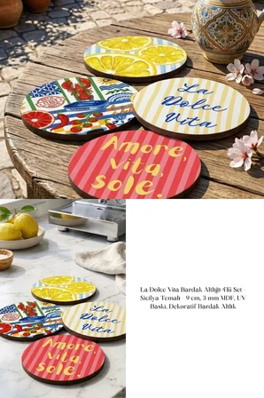 La Dolce Vita Bardak Altlığı 4lü Set Sicilya Temalı 9 cm MDF