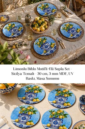 Limonlu Biblo Motifli 4lü Supla Set 30 cm MDF UV Baskı
