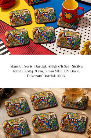İskambil Serisi Bardak Altlığı 6’lı Set Sicilya Temalı Kolaj 9 cm MDF