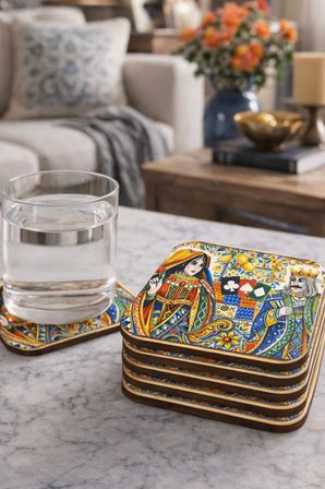 İskambil Serisi Bardak Altlığı 6’lı Set Sicilya Temalı Kolaj 9 cm MDF