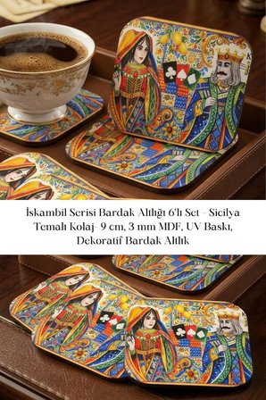 İskambil Serisi Bardak Altlığı 6’lı Set Sicilya Temalı Kolaj 9 cm MDF