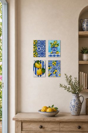 Limon Desenli Tablo Seti 4lü Set Sicilya Temalı 15x20 cm MDF