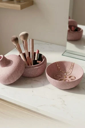 Granit Dokulu Cam Takı Makyaj Organizer Seti Kapaklı 2’li