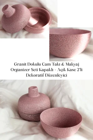 Granit Dokulu Cam Takı Makyaj Organizer Seti Kapaklı 2’li
