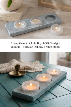 Ahşap Granit Dokulu Boyalı 3’lü Tealight Mumluk Turkuaz
