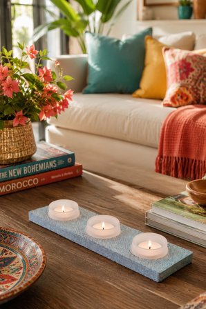Ahşap Granit Dokulu Boyalı 3’lü Tealight Mumluk Turkuaz