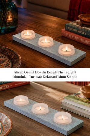 Ahşap Granit Dokulu Boyalı 3’lü Tealight Mumluk Turkuaz