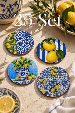 Limon Desenli Bardak Altlığı 25 Set Toplam 100 Adet 9 cm MDF Sicilya