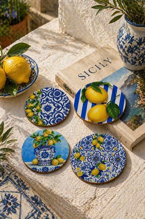 Limon Desenli Bardak Altlığı 25 Set Toplam 100 Adet 9 cm MDF Sicilya